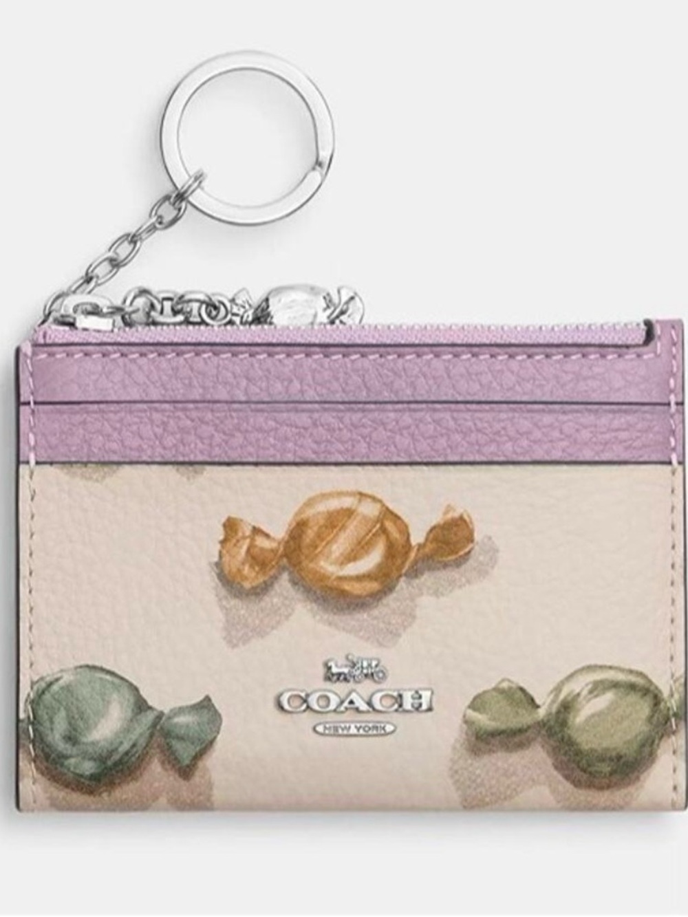 COACH Candy Print Leather Card Case Keyring - Purple Trim